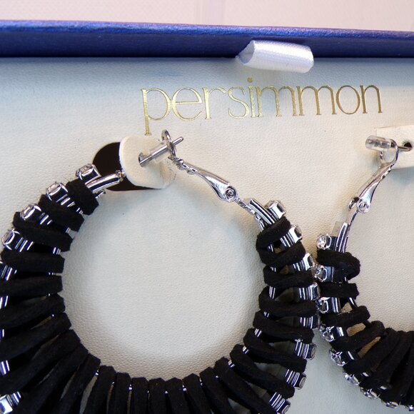 Persimmon Crystal Black Leather Hoop Earrings - Picture 5 of 7